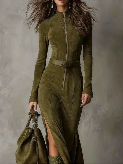 Almudena | Vestido largo marrón con cinturón