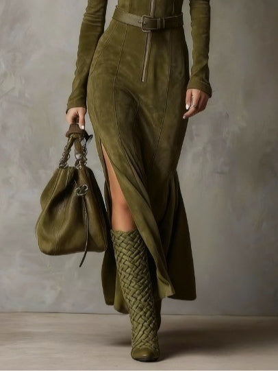 Almudena | Vestido largo marrón con cinturón