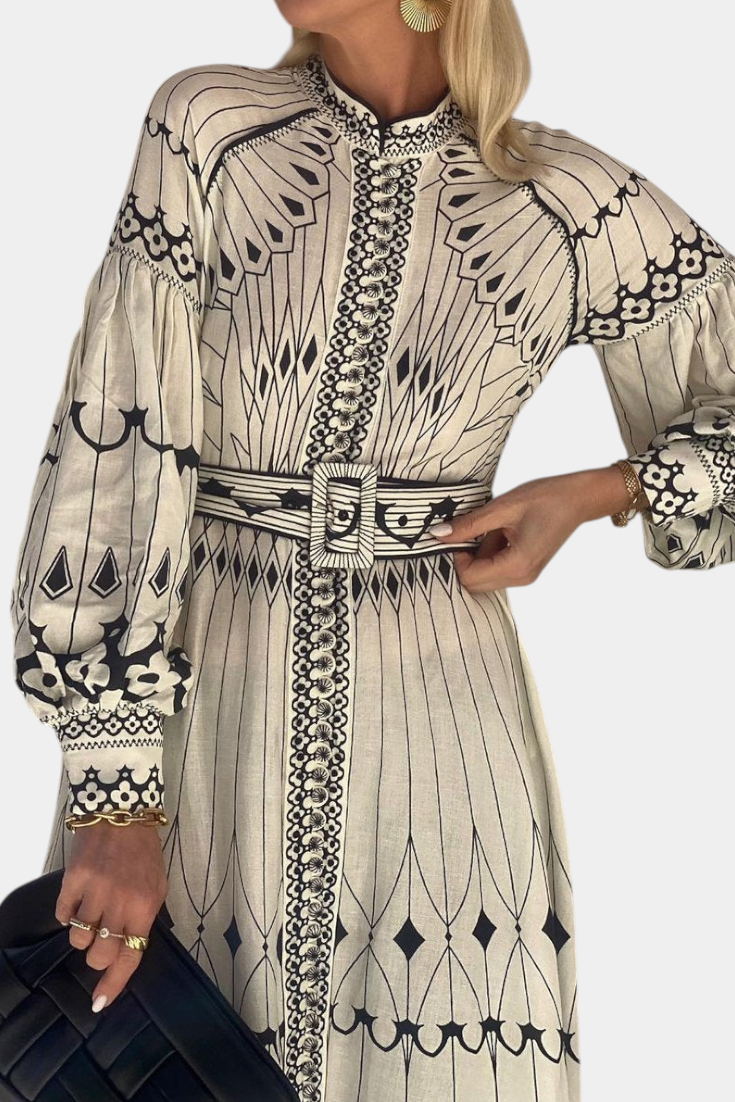 Soria Vestido Maxi Botón Bordado de Estilo Folk