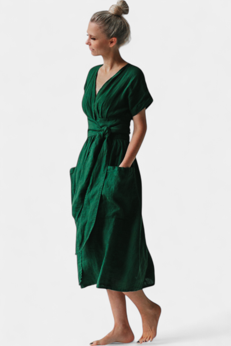 Cressida Vestido de Algodón con Escote en V y Cintura Ajustable