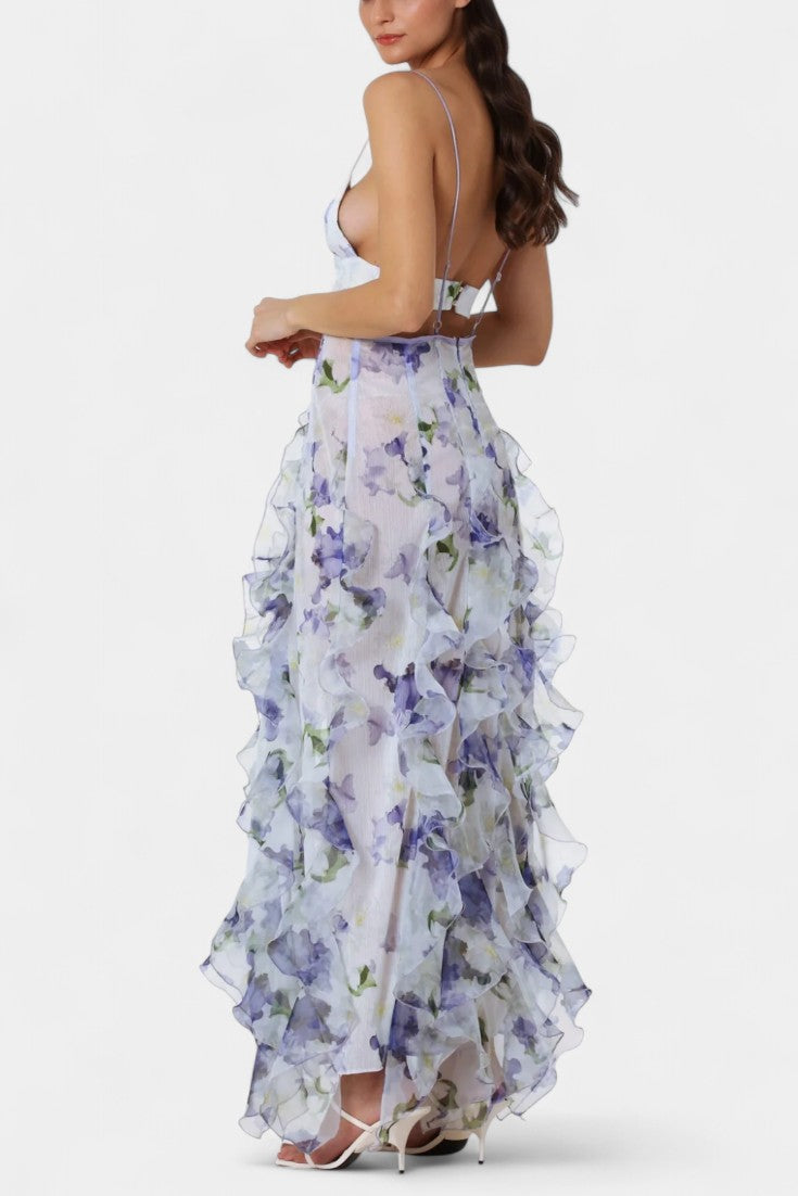 Bonnie Vestido Maxi Cortado con Volantes de Flores