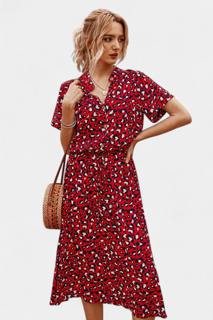 Rovena Vestido Midi de Lunares con Cuello Camisero y Cintura Ajustable