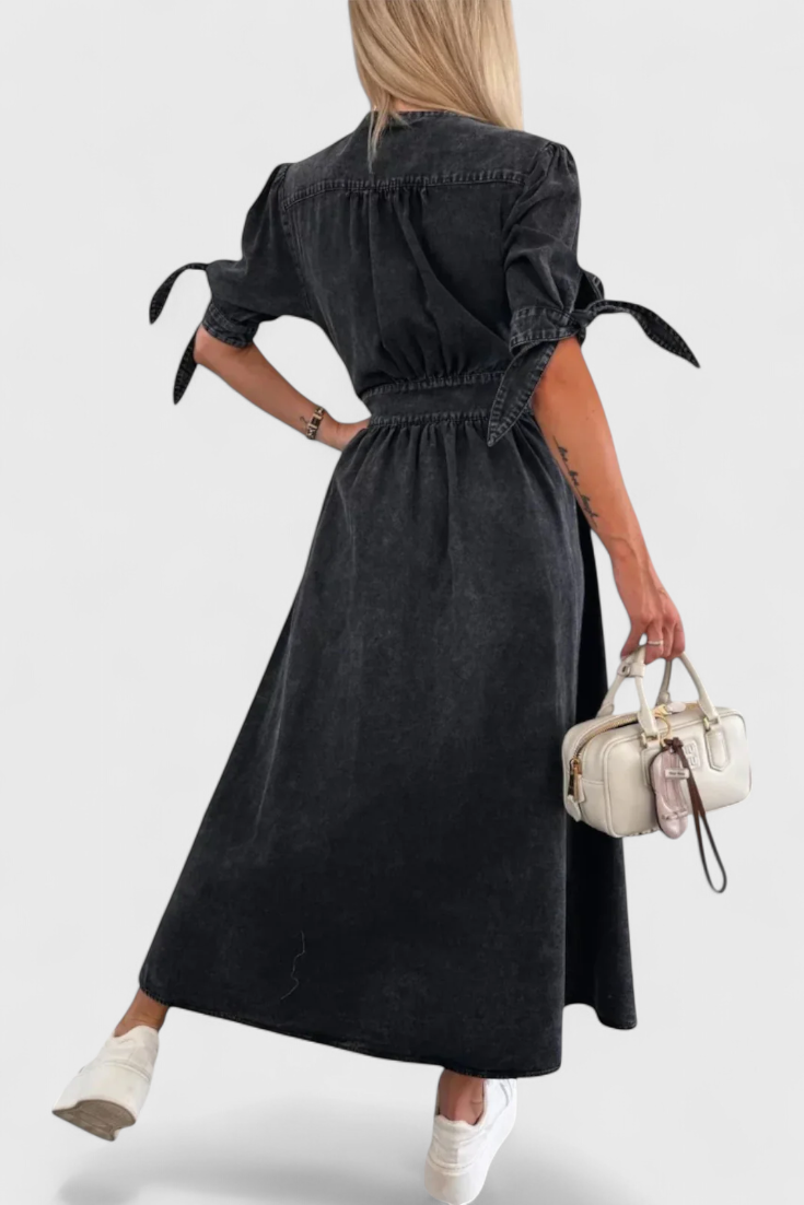 Adelina Vestido Midi de Denim con Botones y Escote en V